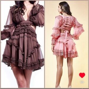 Elegant Lace Trimmed Brown and Pink Dress